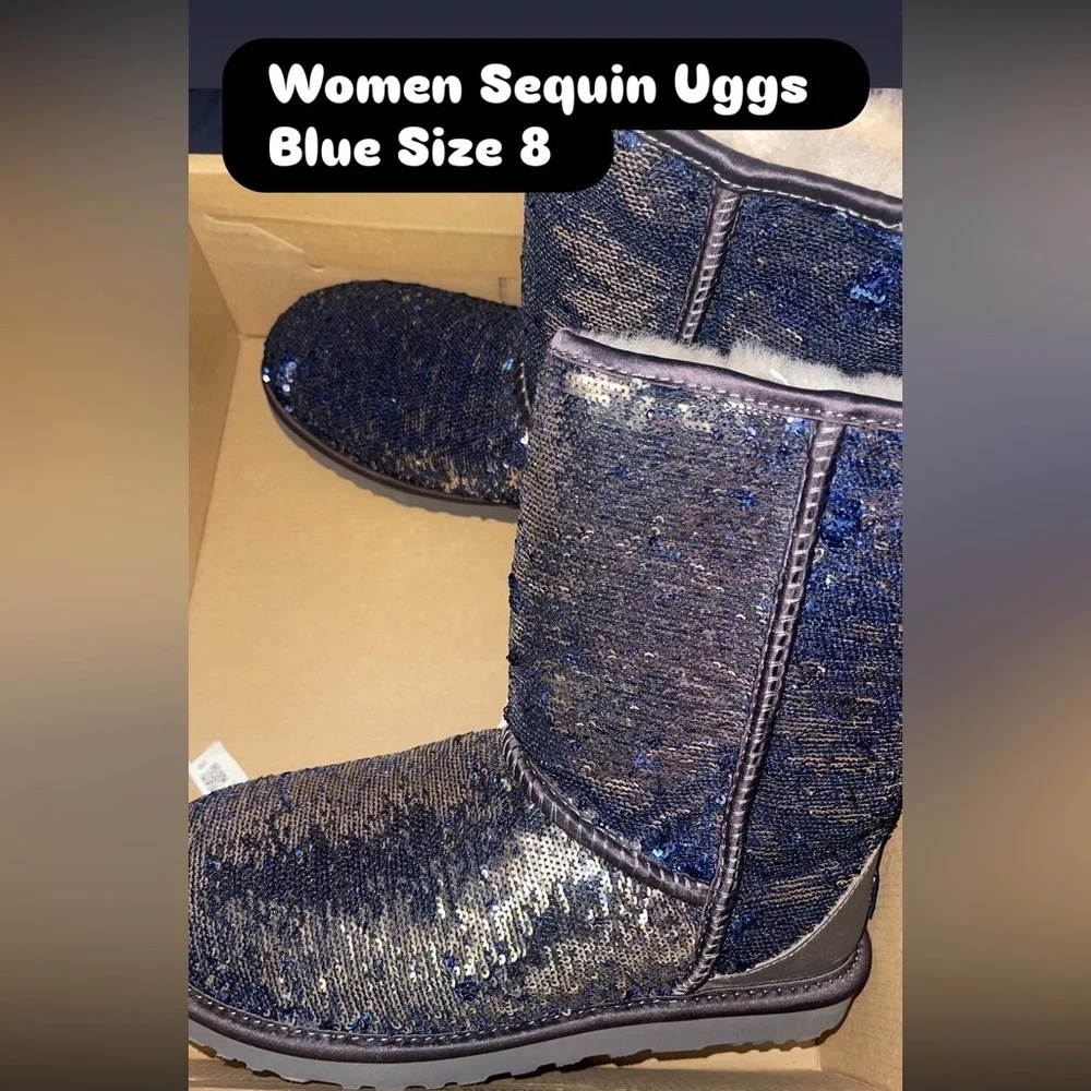 Women Classic Short Sparkles Sequin Ugg Boots Silver and Blue Size 8 NEW